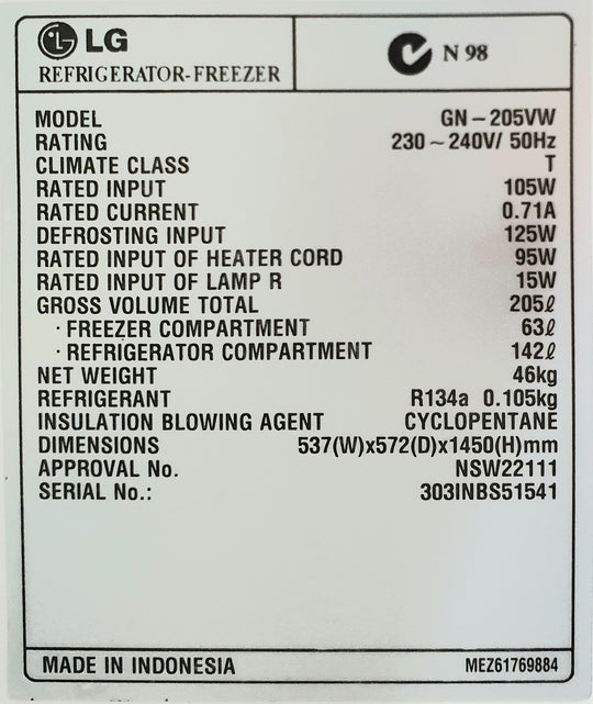 LG 205L fridge
