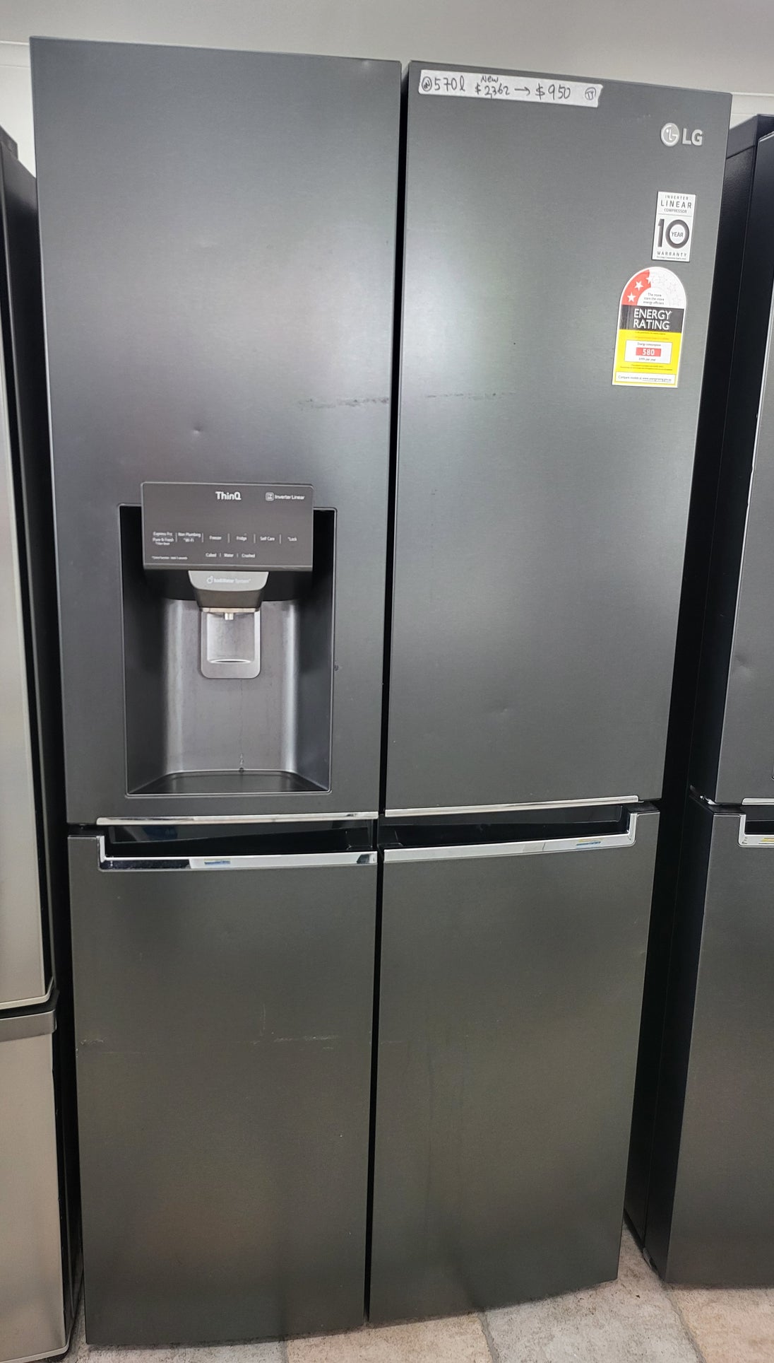 LG French Door 570L Fridge Freezer in a Matte Black finish, featuring an integrated ice and water dispenser Cheap World Online