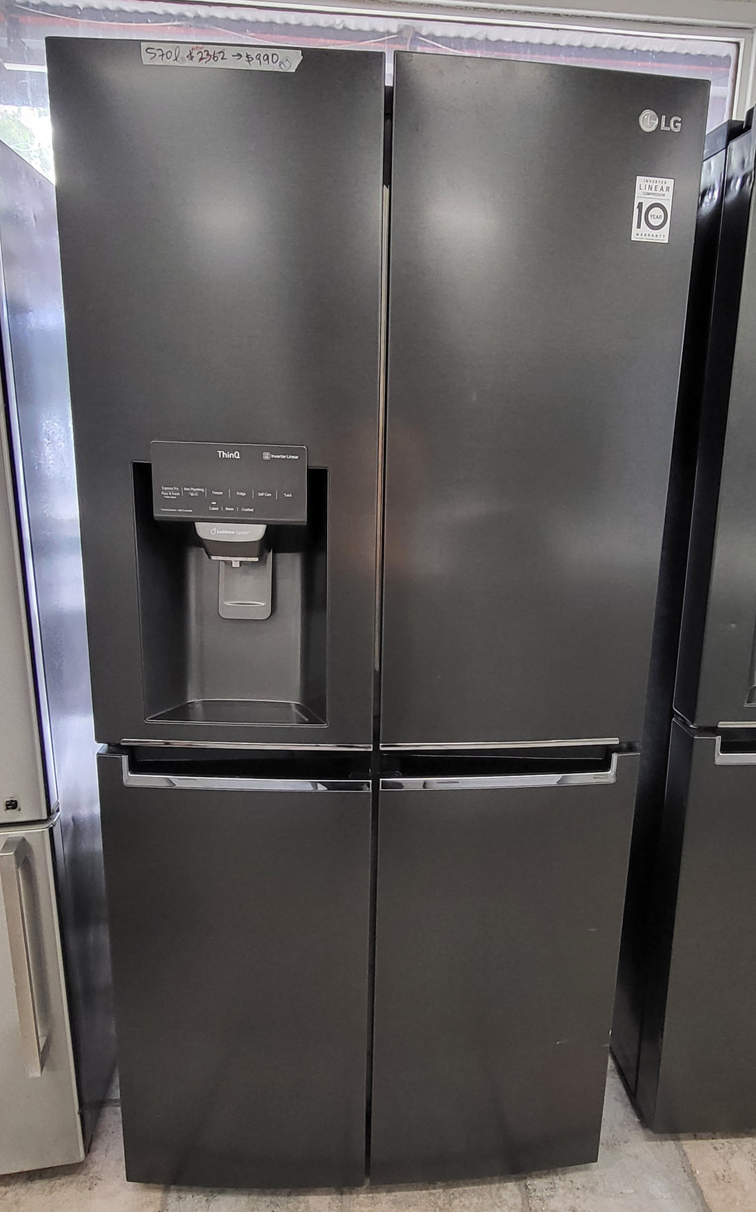 LG French Door 570L Fridge Freezer in a Matte Black finish, featuring an integrated Cheap World Online